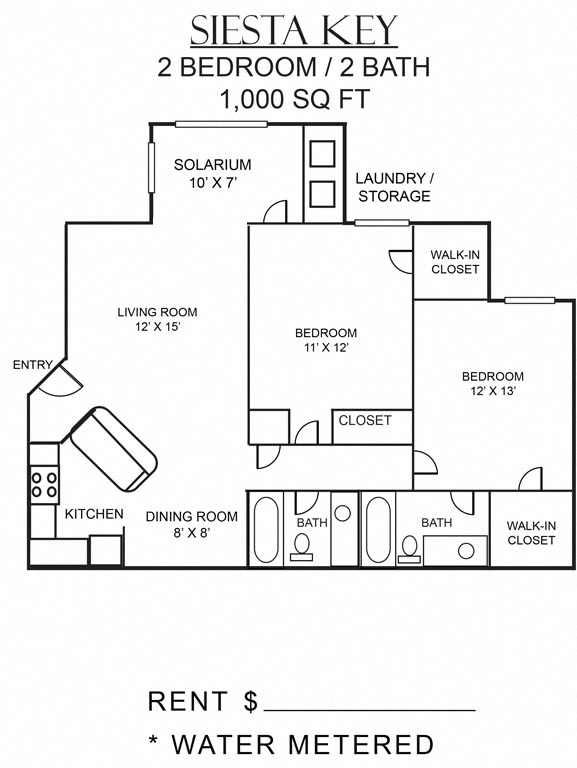 Floor plan for 2 beds, 2 baths, 1000 sqft